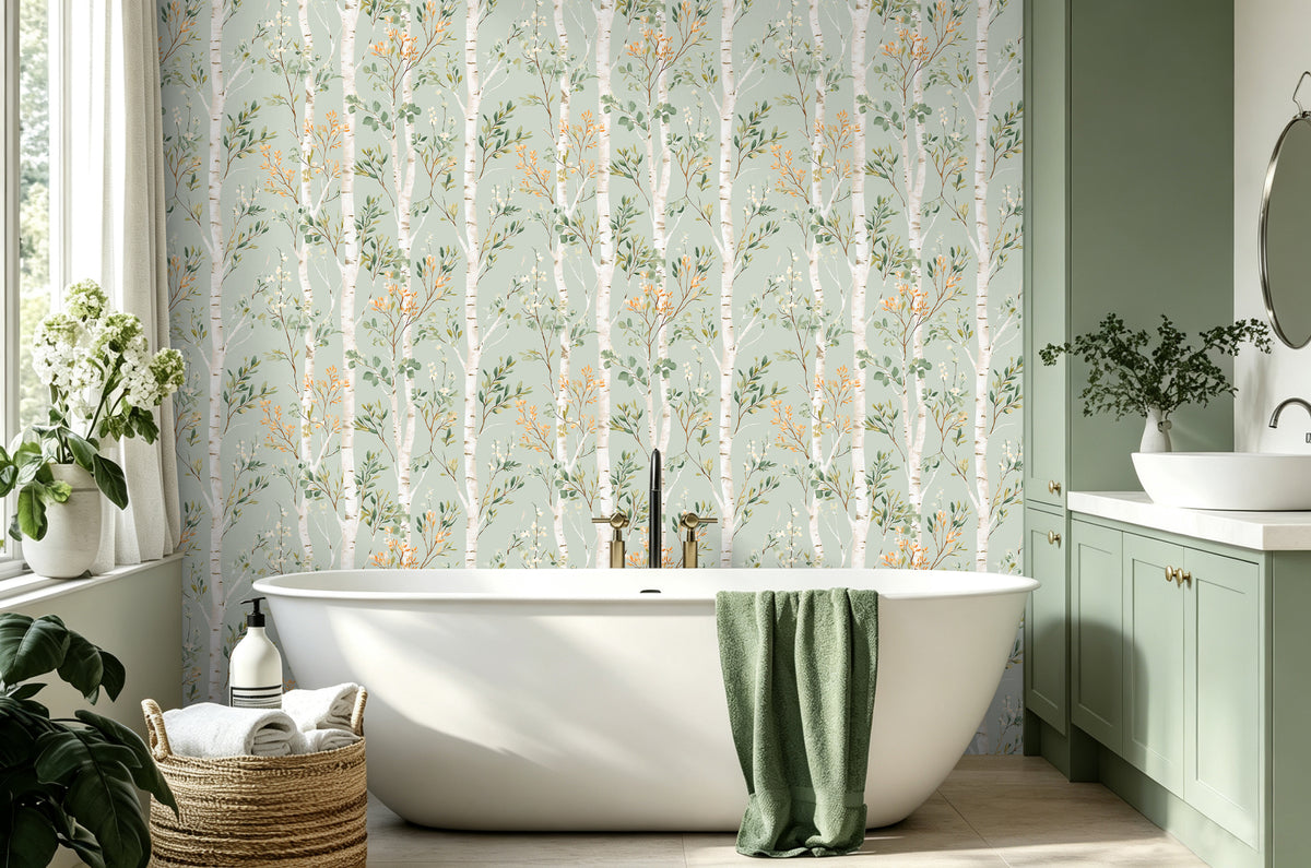 Haokhome birch botanical peel and stick wallpaper, fresh bathroom wall renovation