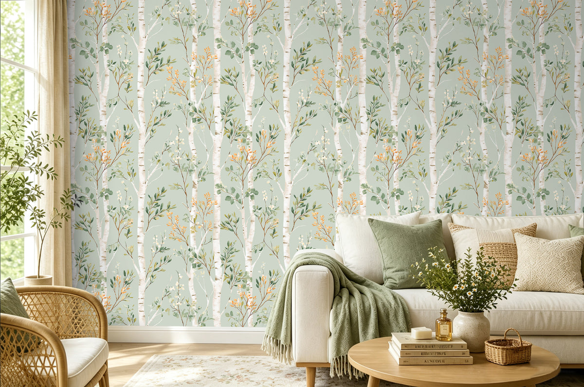 Haokhome birch forest self adhesive wallpaper, bright cottage living room wall covering