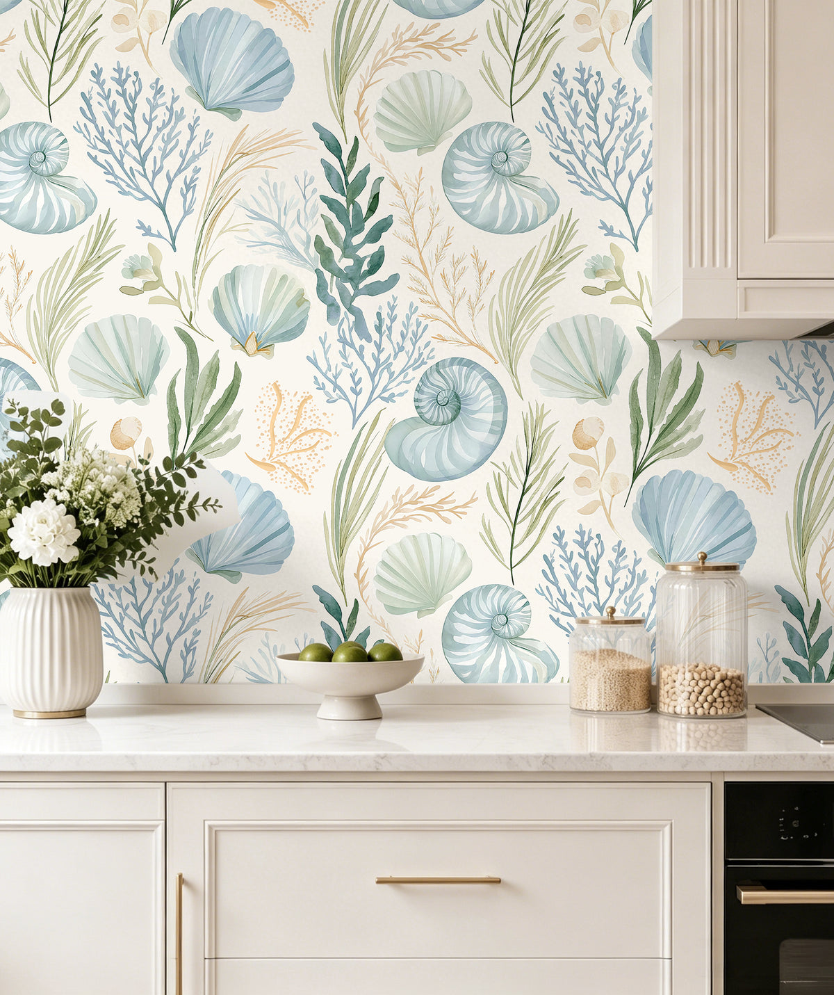 Haokhome coastal seashell peel and stick wallpaper for bright kitchen accent wall decor