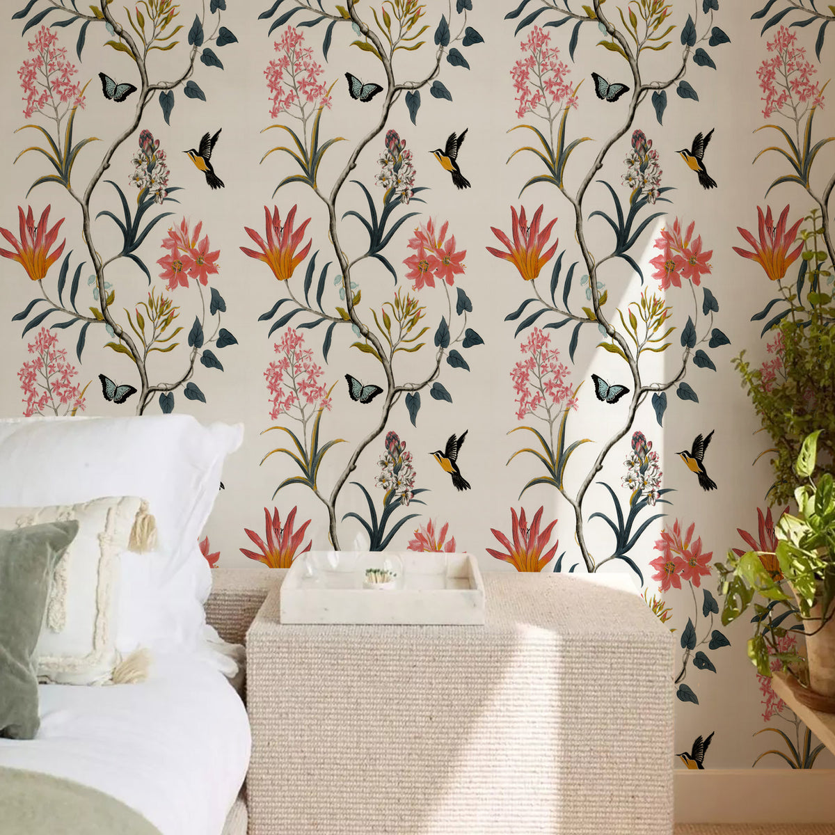 Haokhome cream base folk floral peel and stick wallpaper, pink orange wildflower & tiny bird print, bright boho bedroom accent wall
