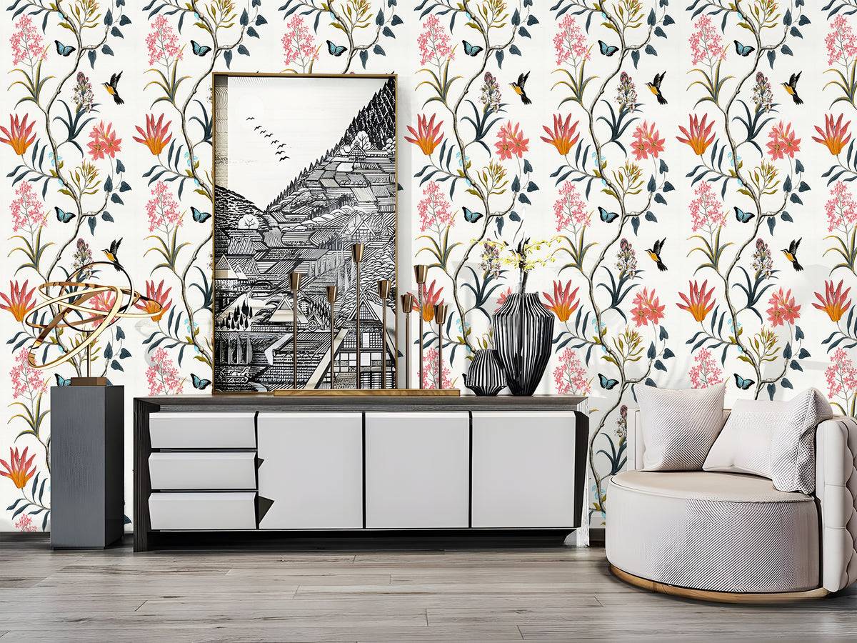 Haokhome cream vintage botanical peel and stick wallpaper, playful bird & flower pattern, sunlit living room accent wall