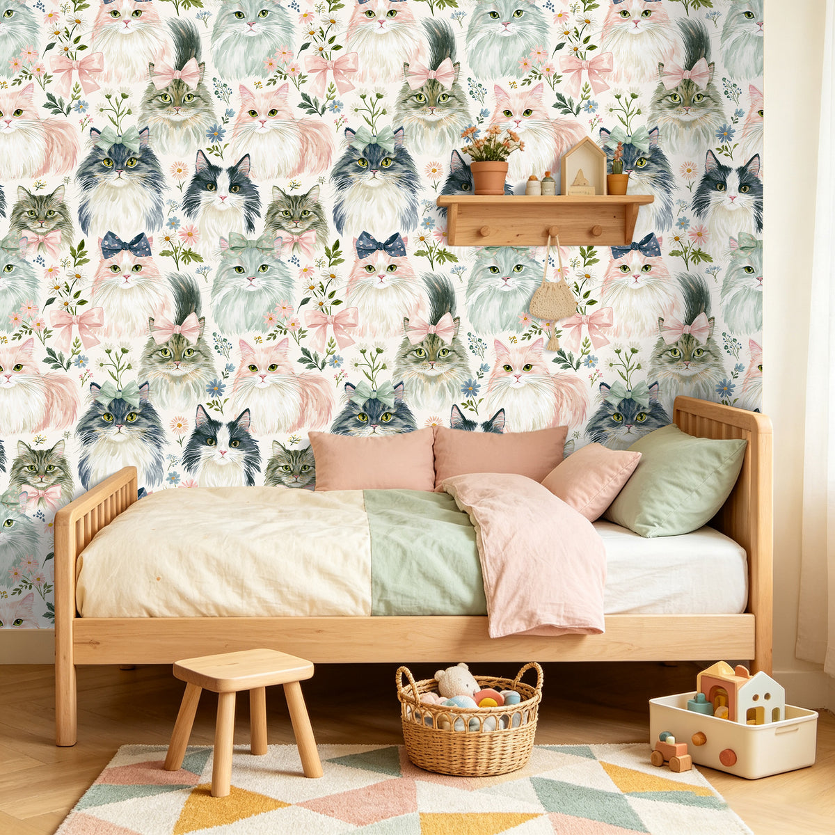 Haokhome cute cat floral peel and stick wallpaper for girls kid bedroom decor