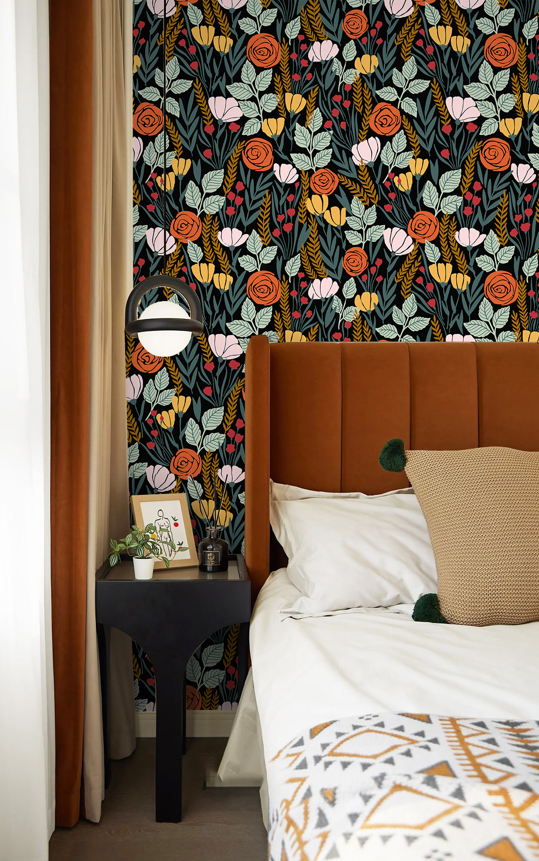 Haokhome dark‑background fall floral removable wallpaper for warm boho‑style master bedroom