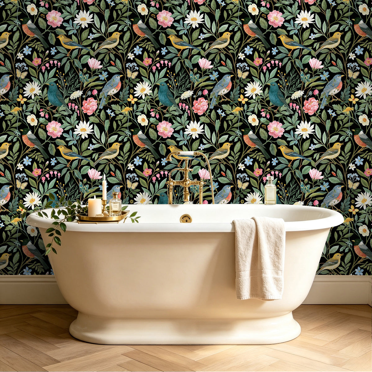 Haokhome dark floral bird self adhesive wallpaper, bathroom decor for powder room renovation