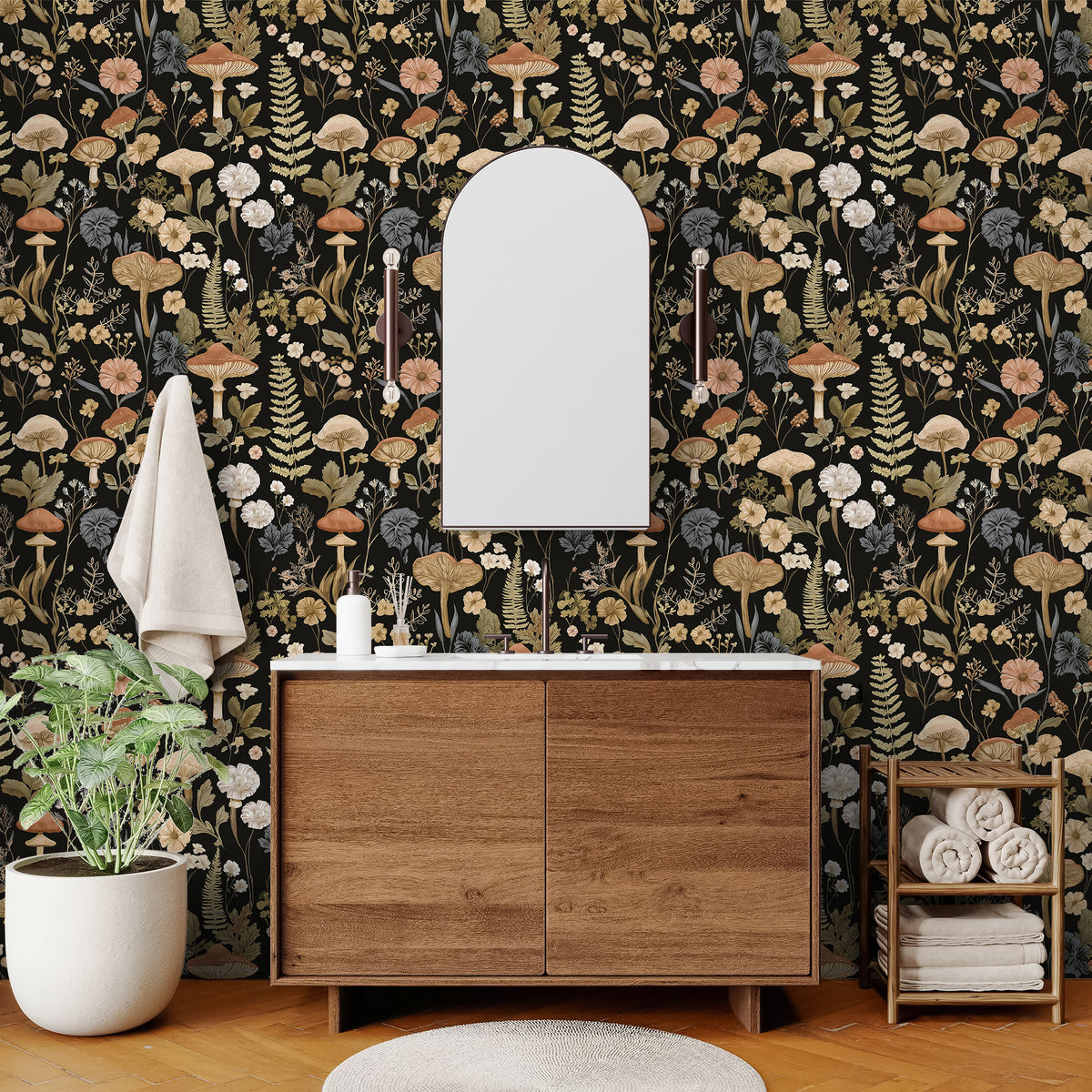 Haokhome dark forest mushroom peel and stick wallpaper, bathroom vanity wall renovation