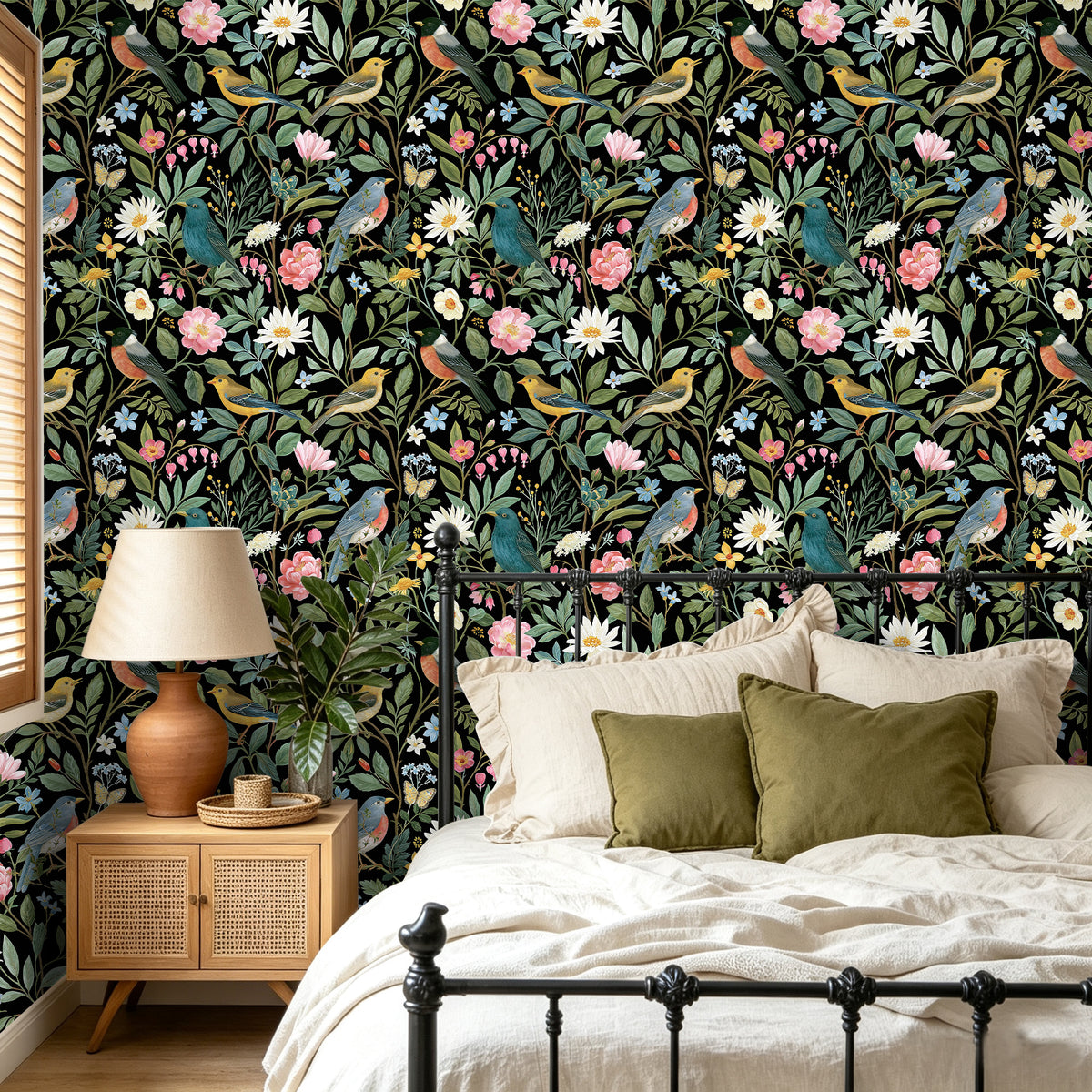 Haokhome dark garden bird peel and stick wallpaper, bedroom accent wall vintage botanical design