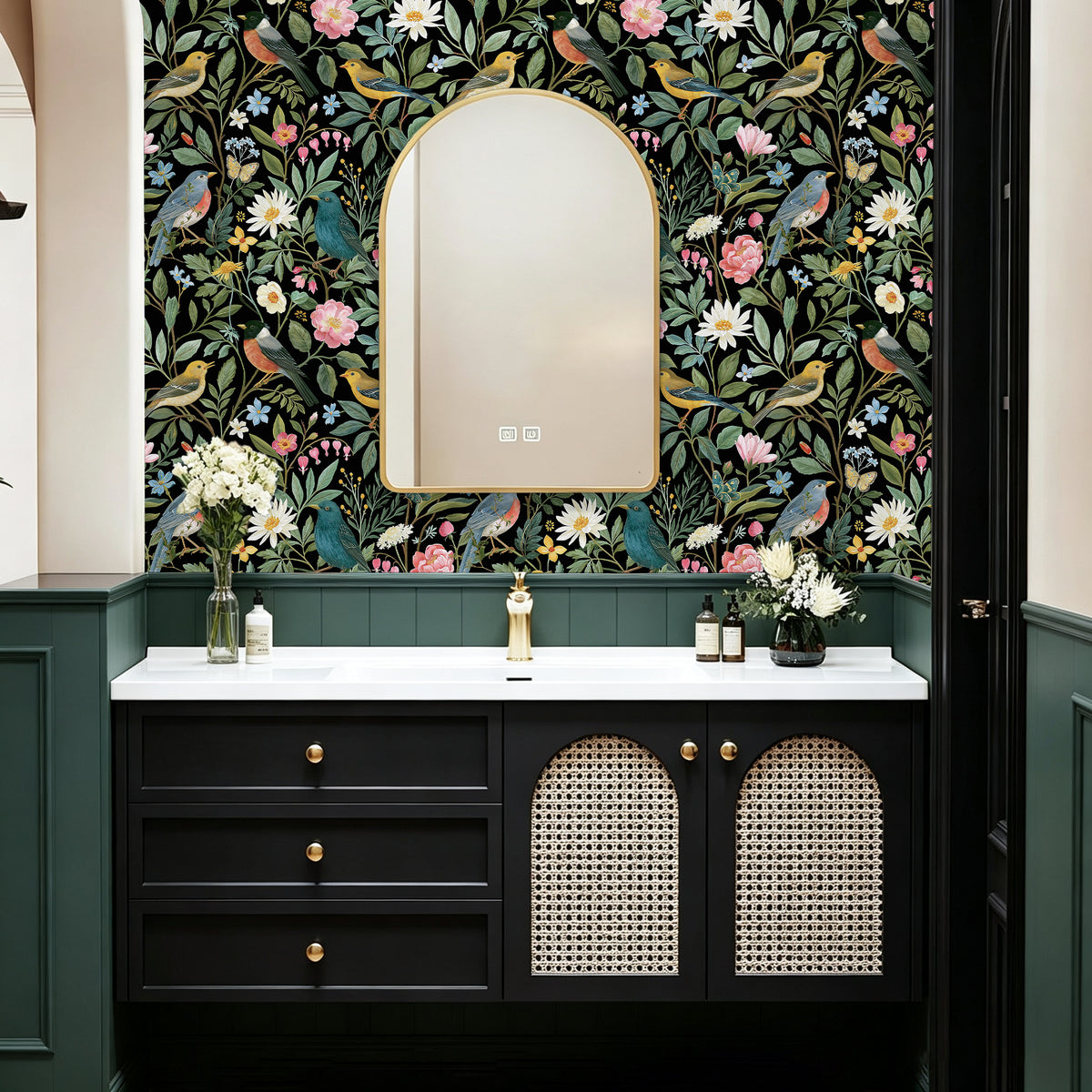 Haokhome dark garden flower bird peel and stick wallpaper, bathroom vanity wall decor
