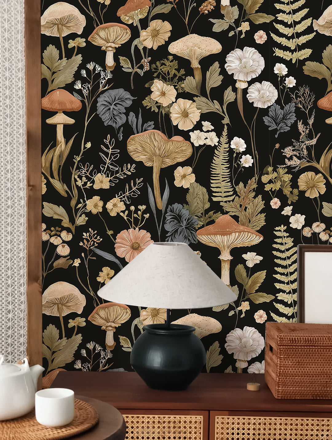Haokhome dark mushroom botanical peel and stick wallpaper, vintage cottage entryway wall decor