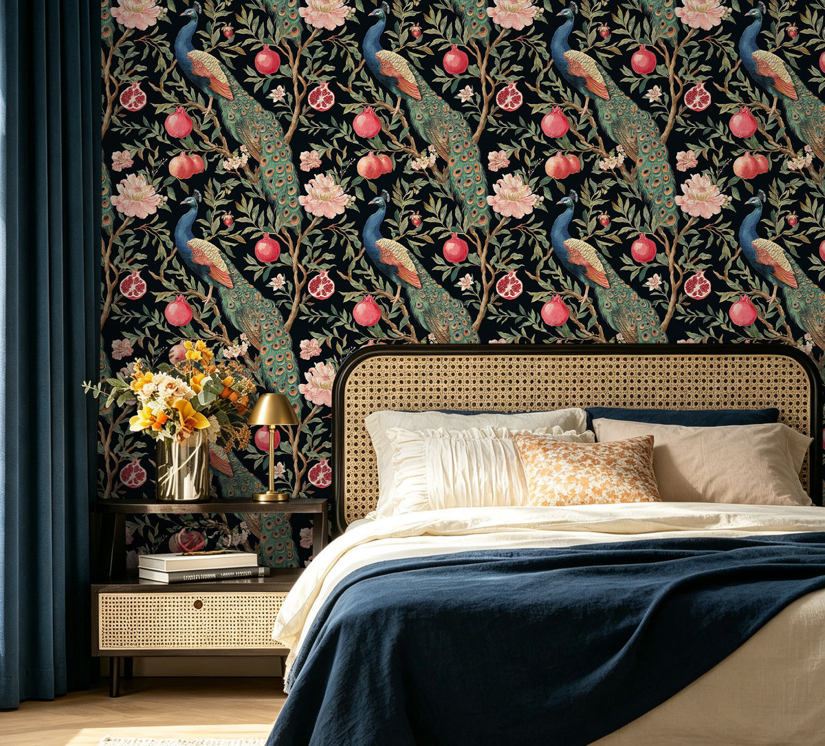 Haokhome dark peacock pomegranate peel and stick wallpaper, cozy vintage bedroom accent wall
