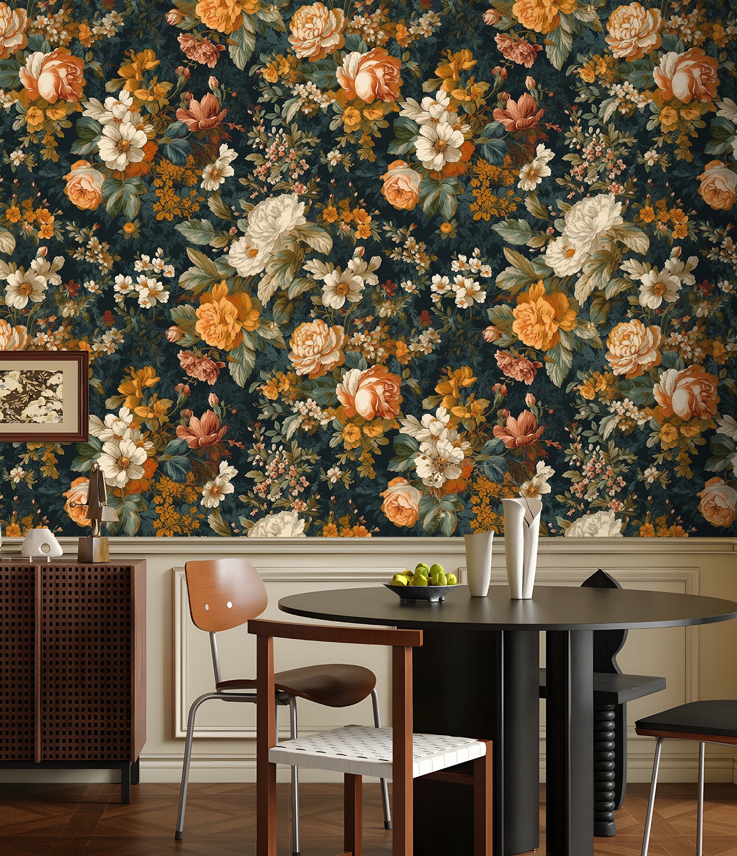 Haokhome dark vintage floral peel and stick wallpaper for grandmillennial style dining room accent wall