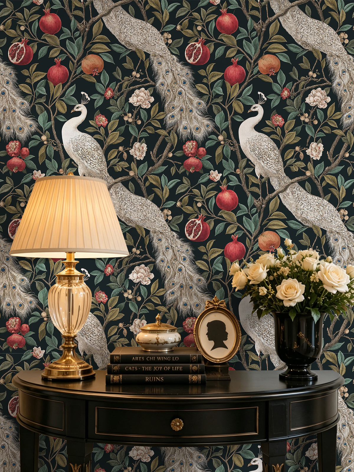Haokhome dark vintage peacock pomegranate removable wallpaper, console table wall home styling