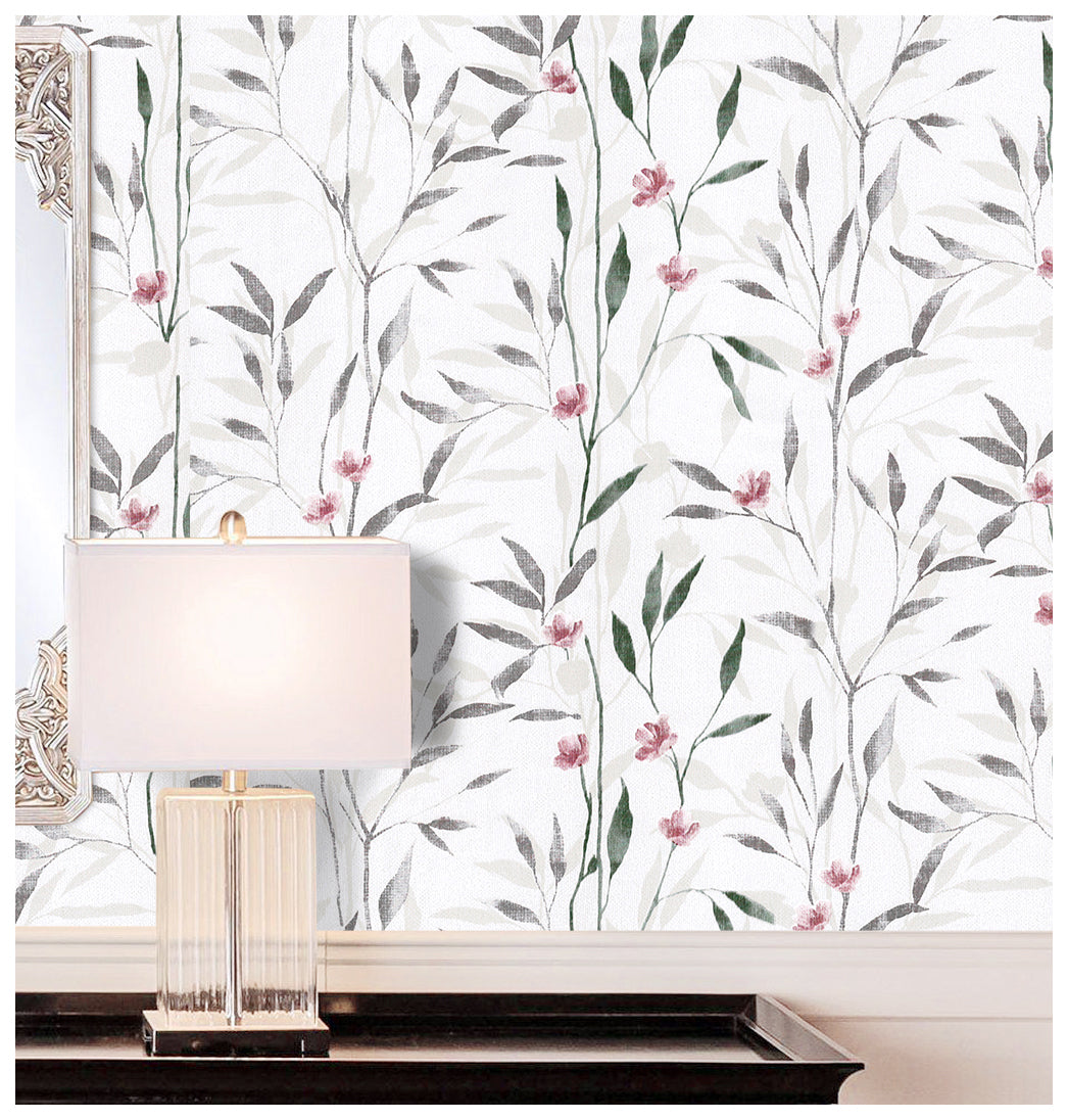 Haokhome delicate pink floral branch peel and stick wallpaper for soft cottage bedroom accent wall