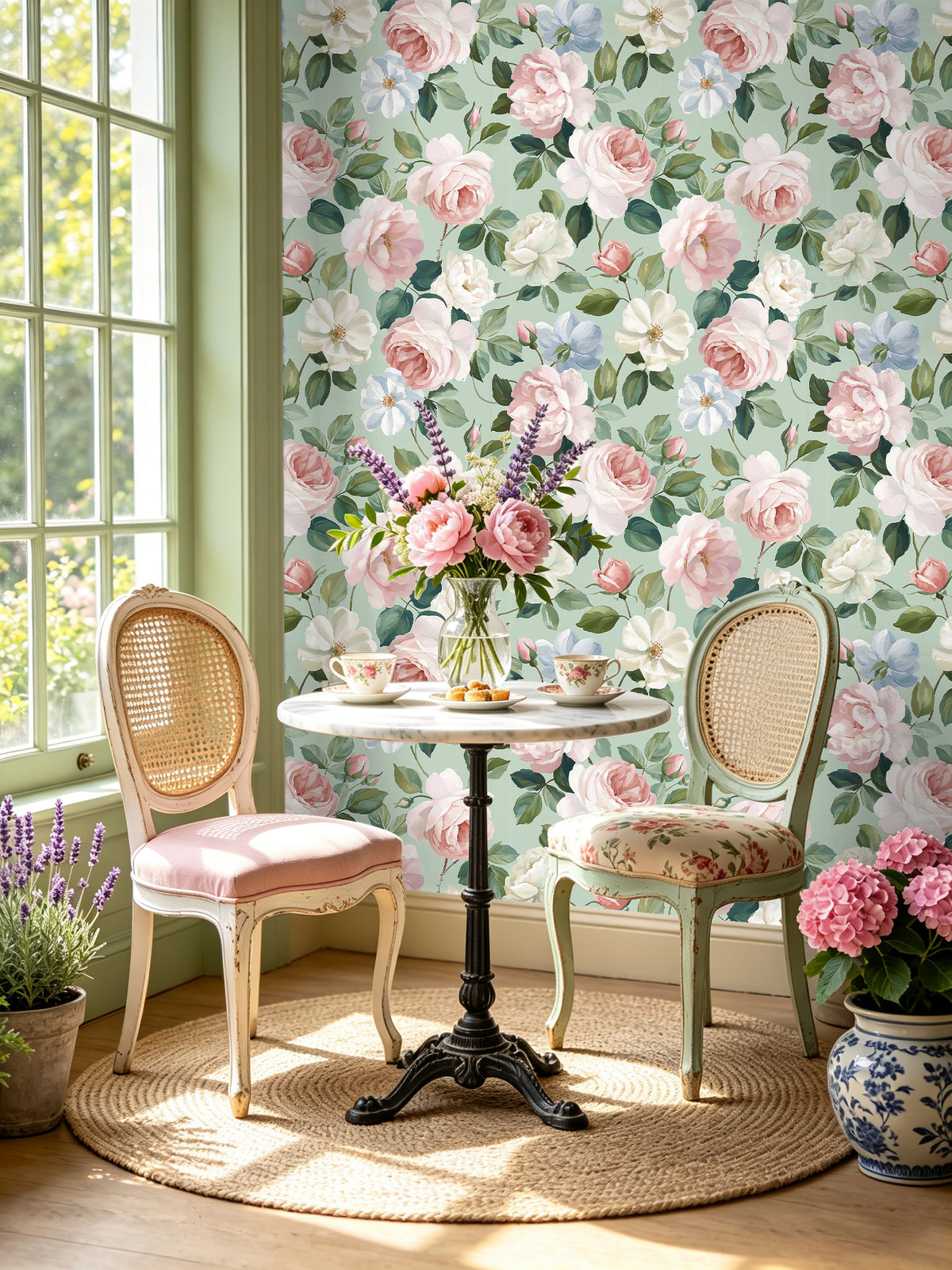Haokhome green base floral self adhesive wallpaper, elegant dining room accent wall