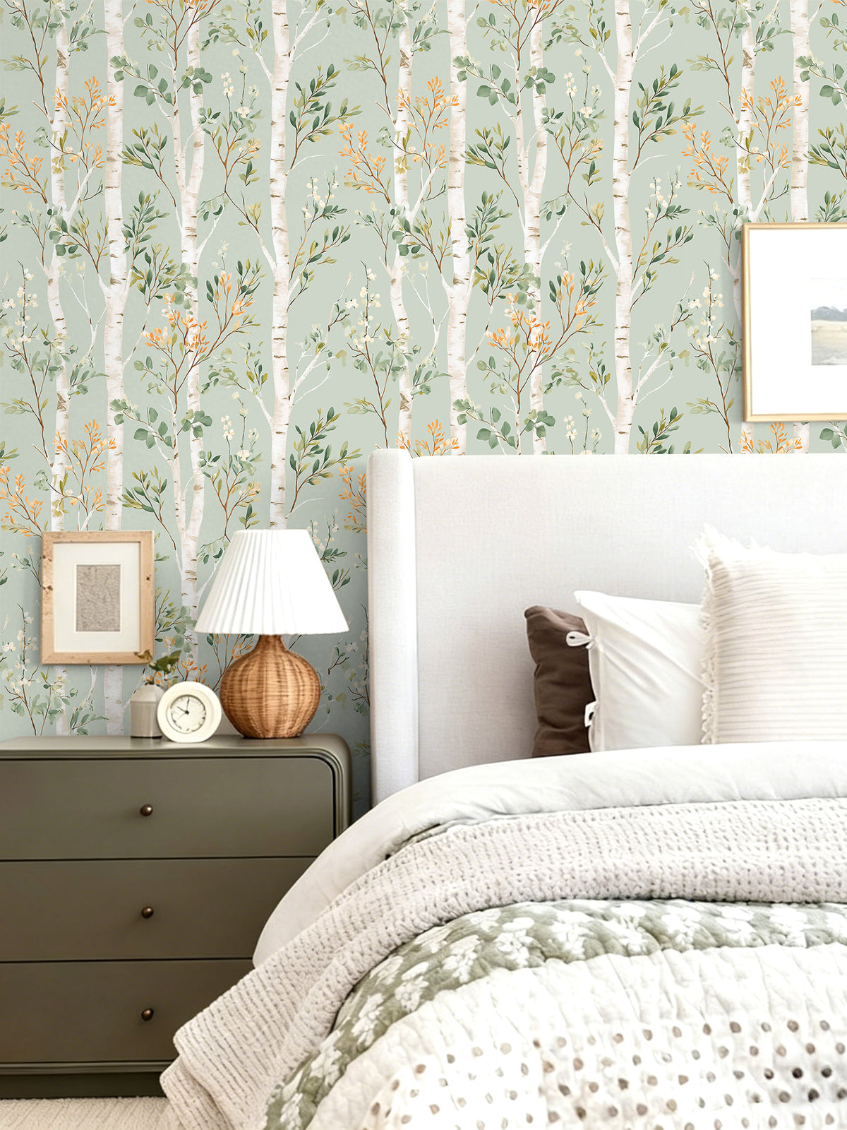 Haokhome light birch forest removable wallpaper, calm sage green bedroom accent wall