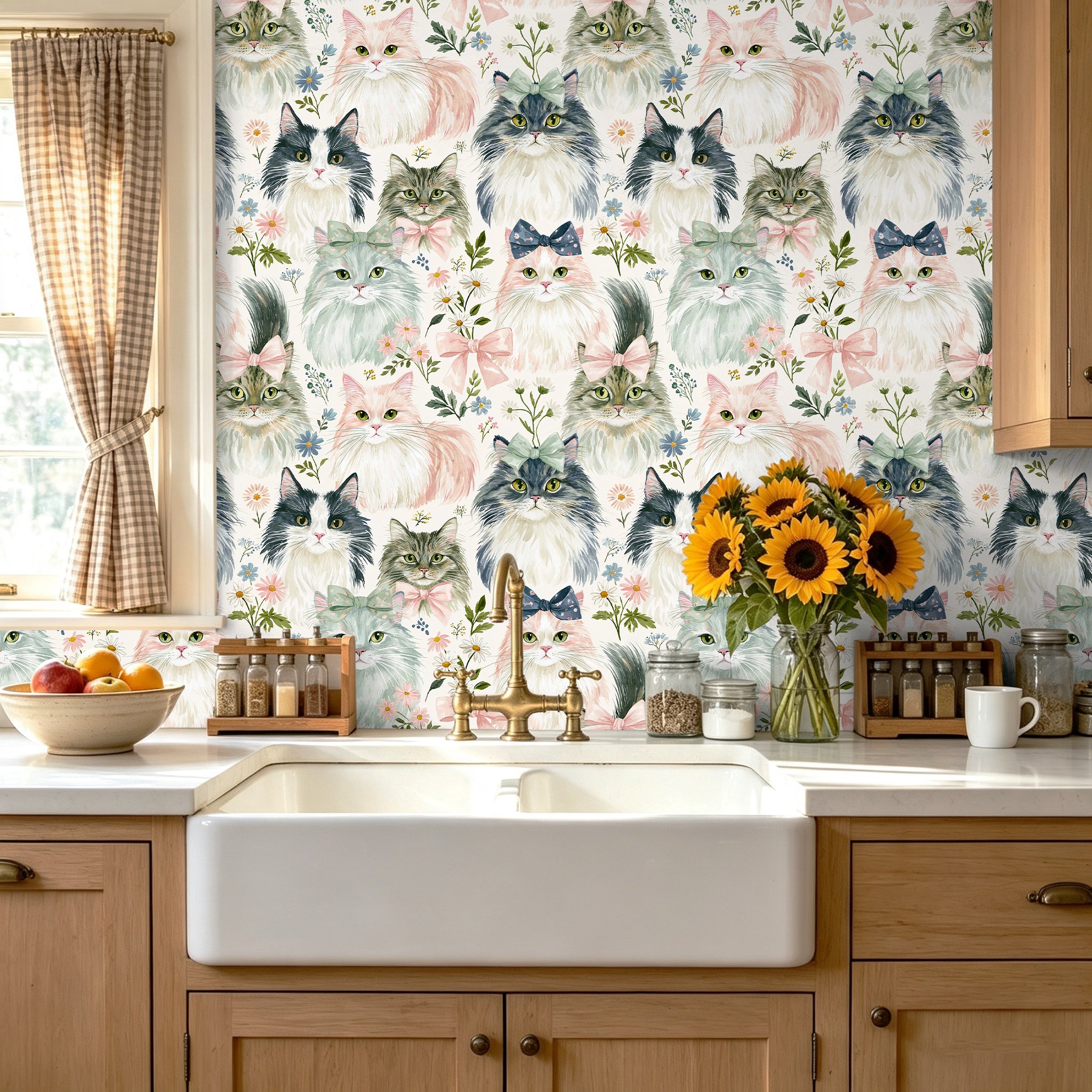 Haokhome lovely cat peel‑and‑stick wallpaper for bright cottage kitchen accent wall