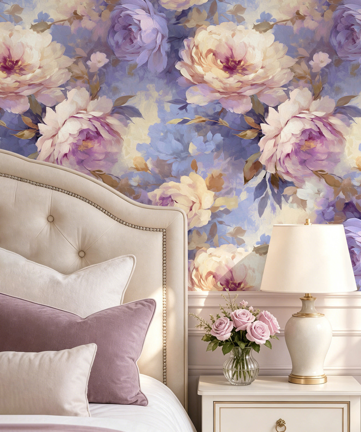 Haokhome muted purple peony floral wallpaper, soft botanical wall decor for master bedroom