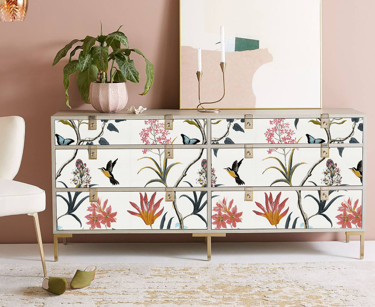 Haokhome off-white whimsical botanical removable wallpaper, multi-color floral design for cabinet DIY furniture makeover