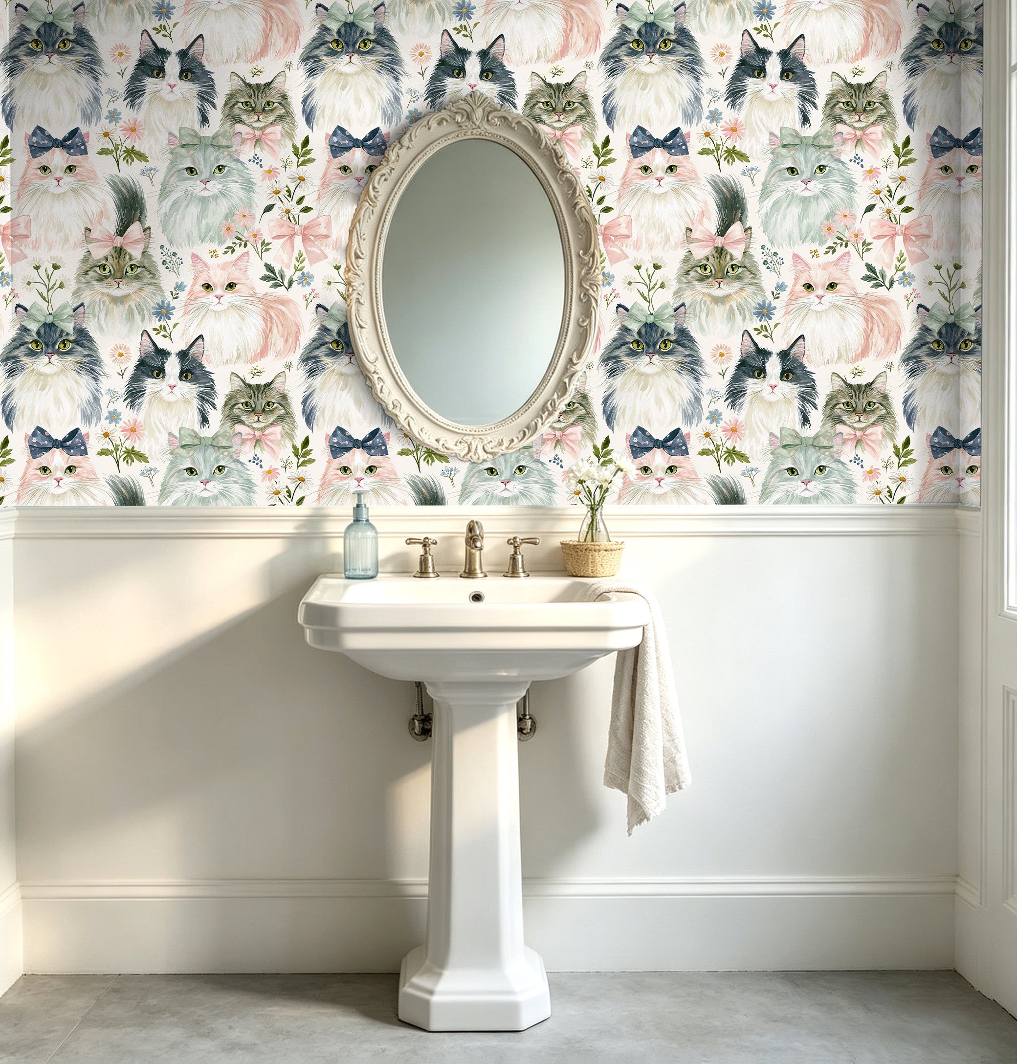Haokhome pastel cat floral removable wallpaper for powder room bathroom makeover