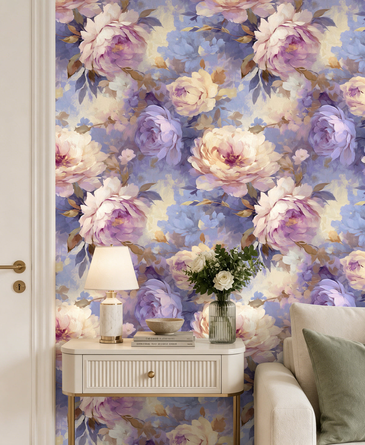 Haokhome pastel lavender floral removable wallpaper, peony wall covering for living room sideboard
