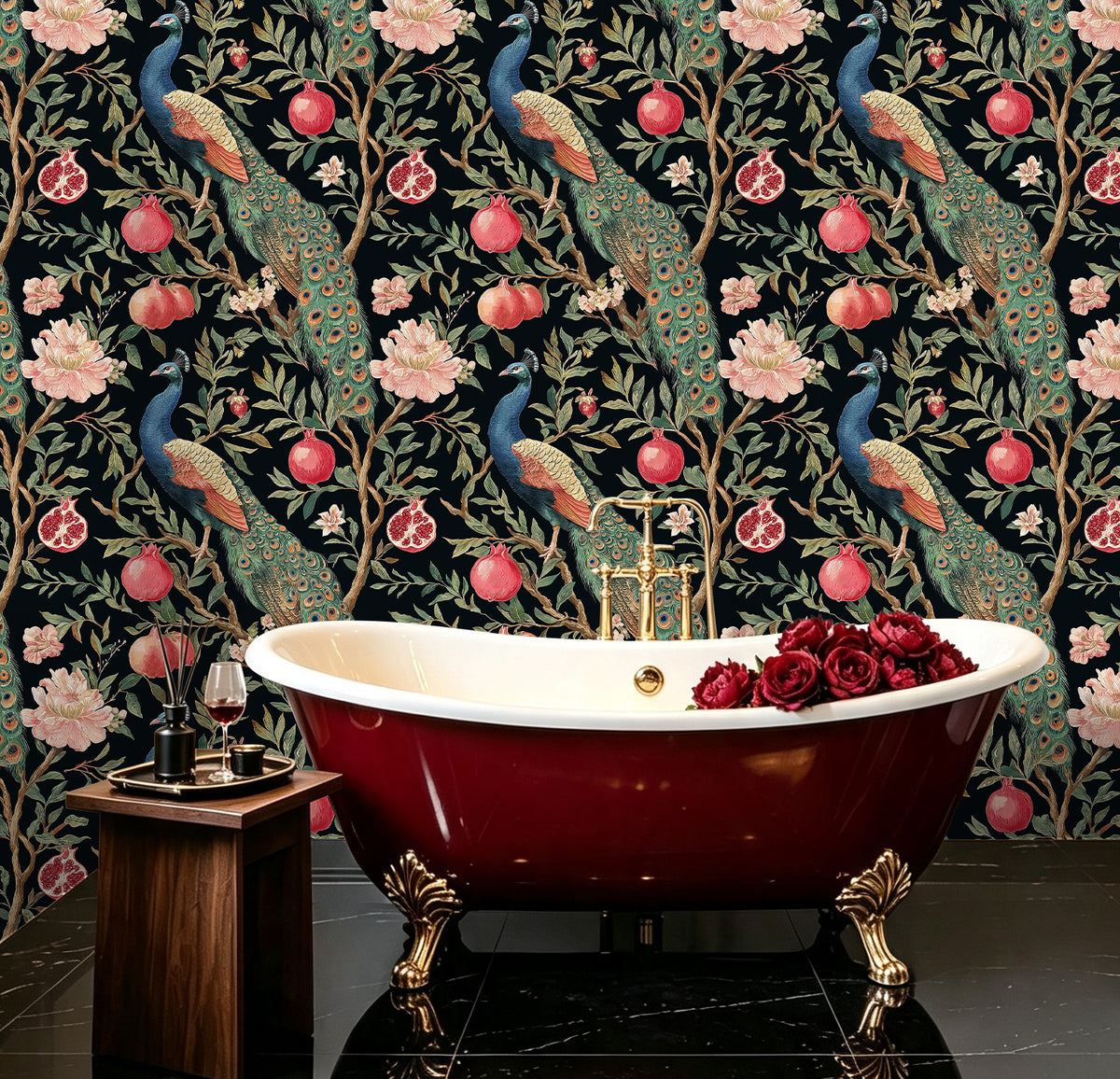 Haokhome peacock botanical self adhesive wallpaper, luxury bathroom clawfoot tub wall decor