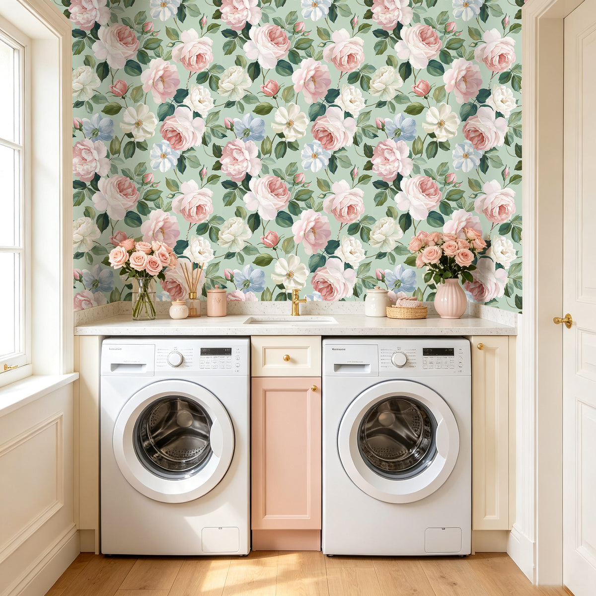 Haokhome pink flower peel and stick wallpaper, bright laundry room wall renovation