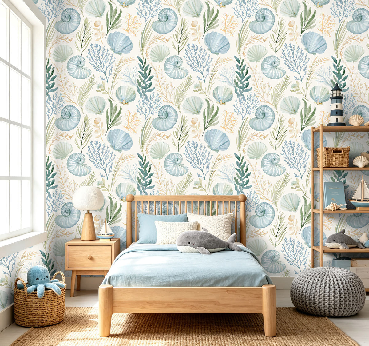 Haokhome removable ocean shell wallpaper for cozy coastal‑style master bedroom