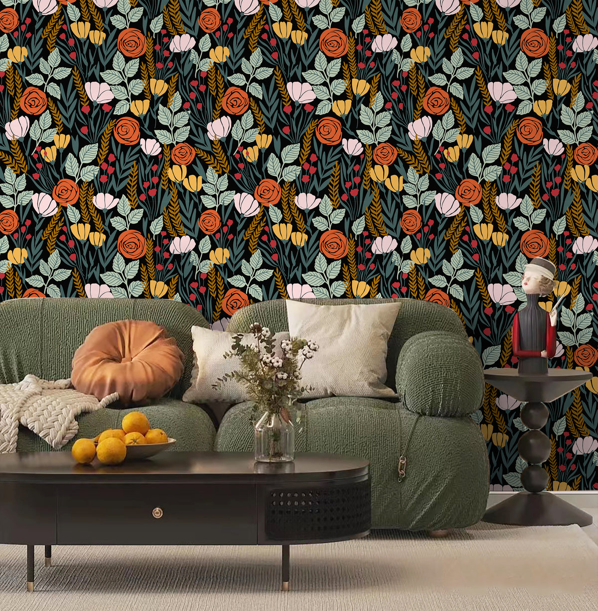 Haokhome retro bold floral peel and stick wallpaper for moody vintage living room accent wall
