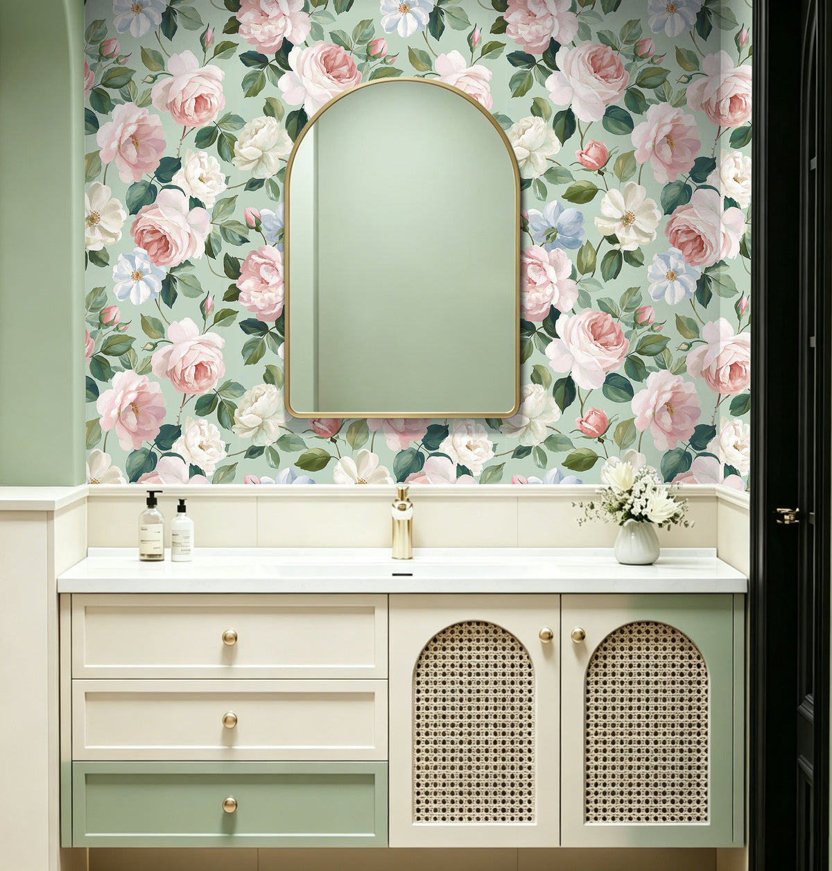 Haokhome sage green rose self adhesive wallpaper, vintage bathroom vanity wall styling