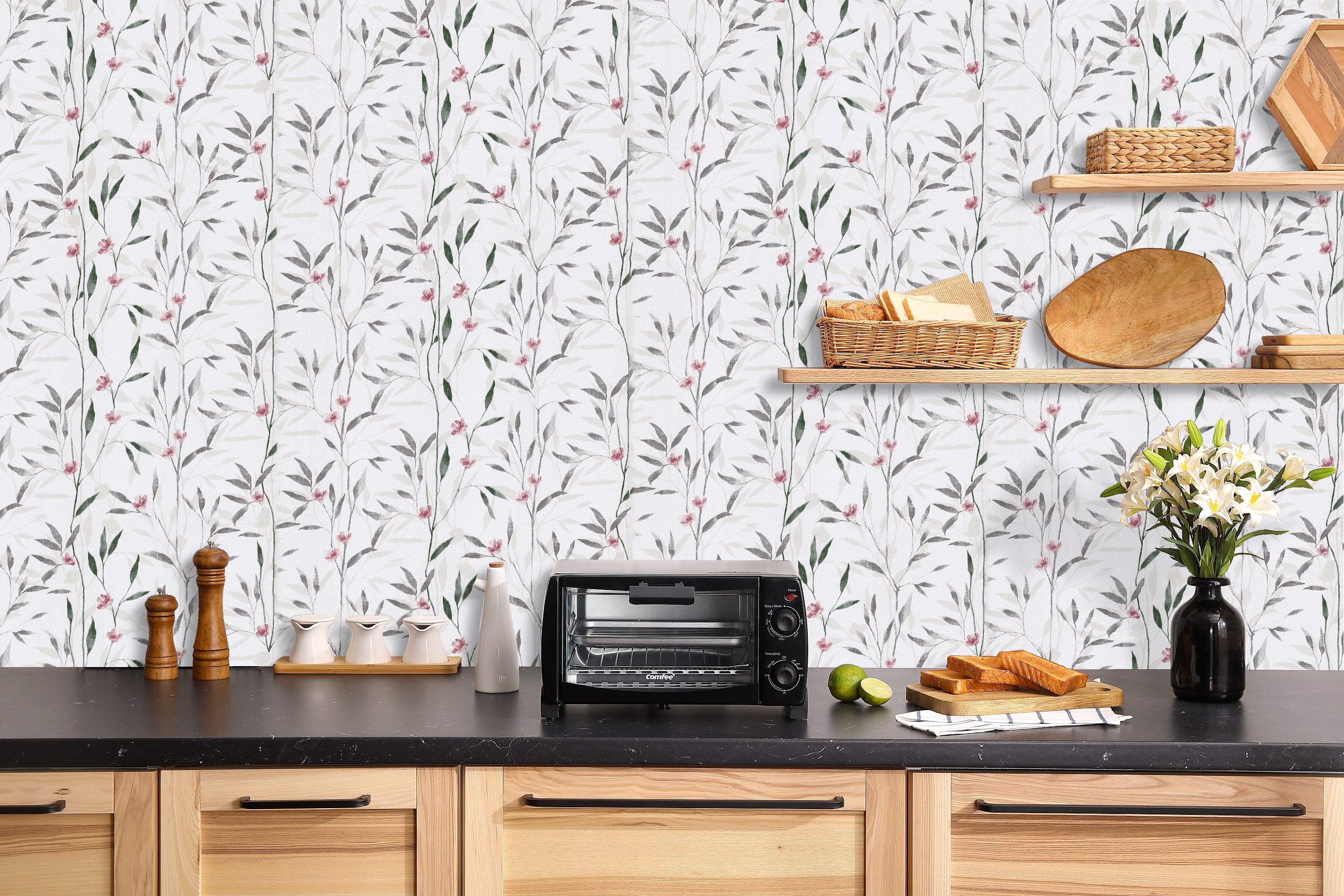 Haokhome soft pink floral branch removable wallpaper for fresh cottage kitchen decor