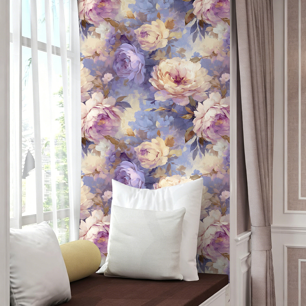 Haokhome soft purple watercolor peony peel and stick wallpaper, floral accent wall for window nook