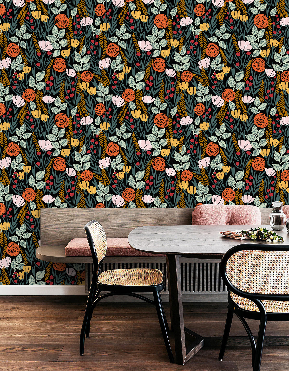 Haokhome vibrant retro flower self‑adhesive wallpaper for cozy dining room interior decor
