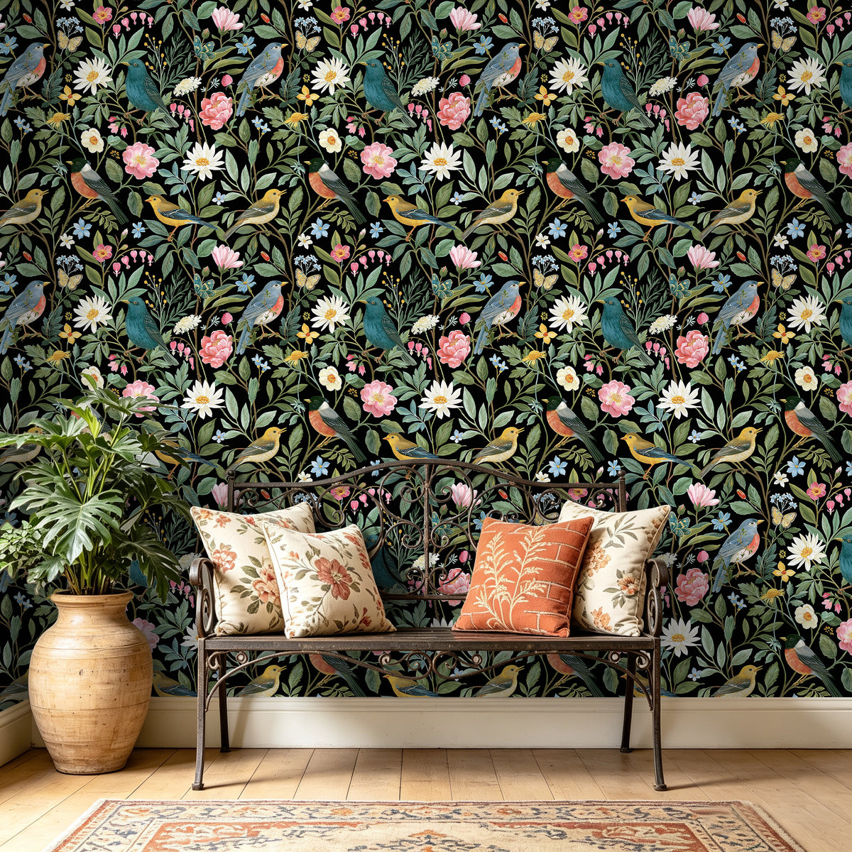 Haokhome vintage bird floral removable wallpaper, living room full wall dark green botanical decor