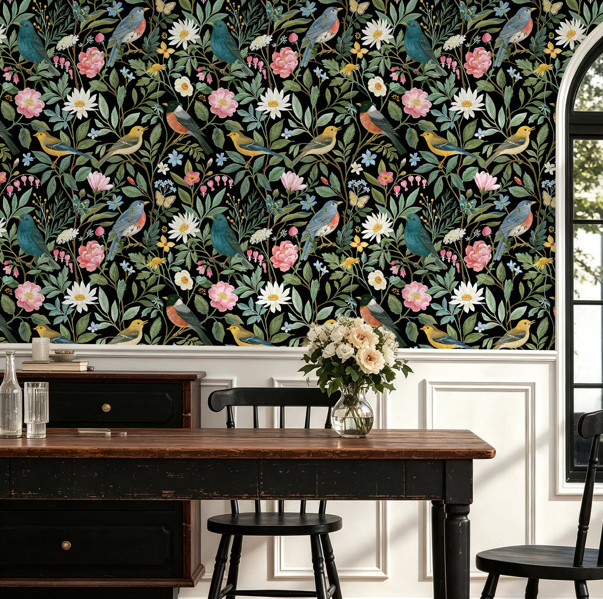 Haokhome vintage botanical bird removable wallpaper, dining room accent wall decor