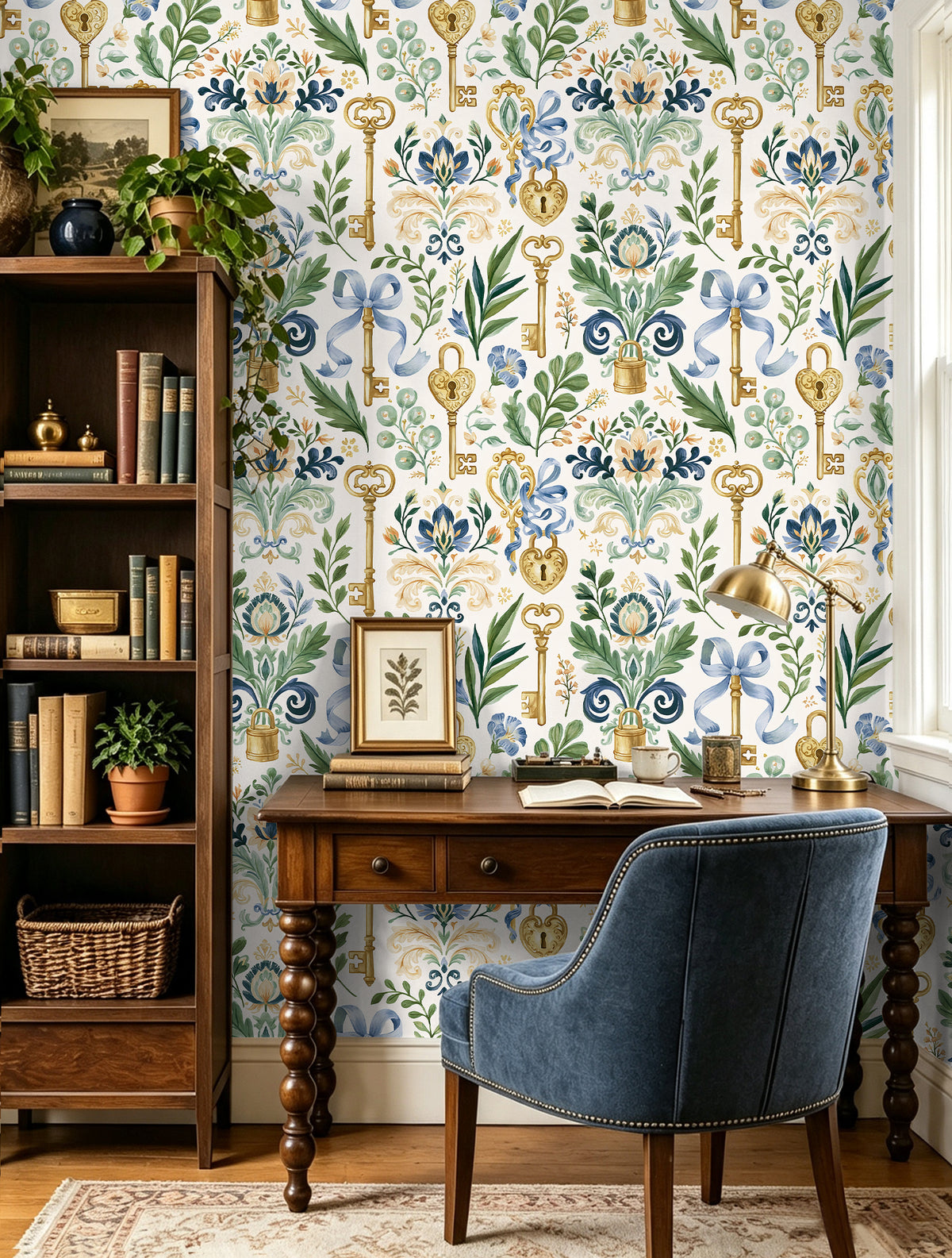 Haokhome vintage key floral peel and stick wallpaper for classic home office study room