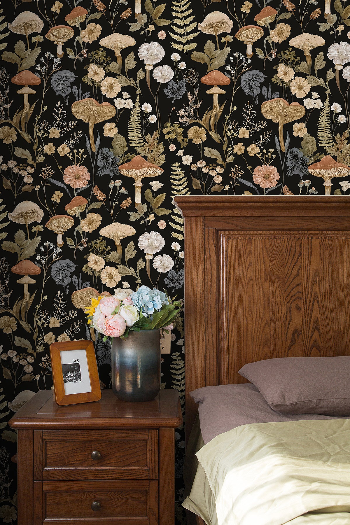 Haokhome vintage mushroom self adhesive wallpaper, dark cottage bedroom feature wall