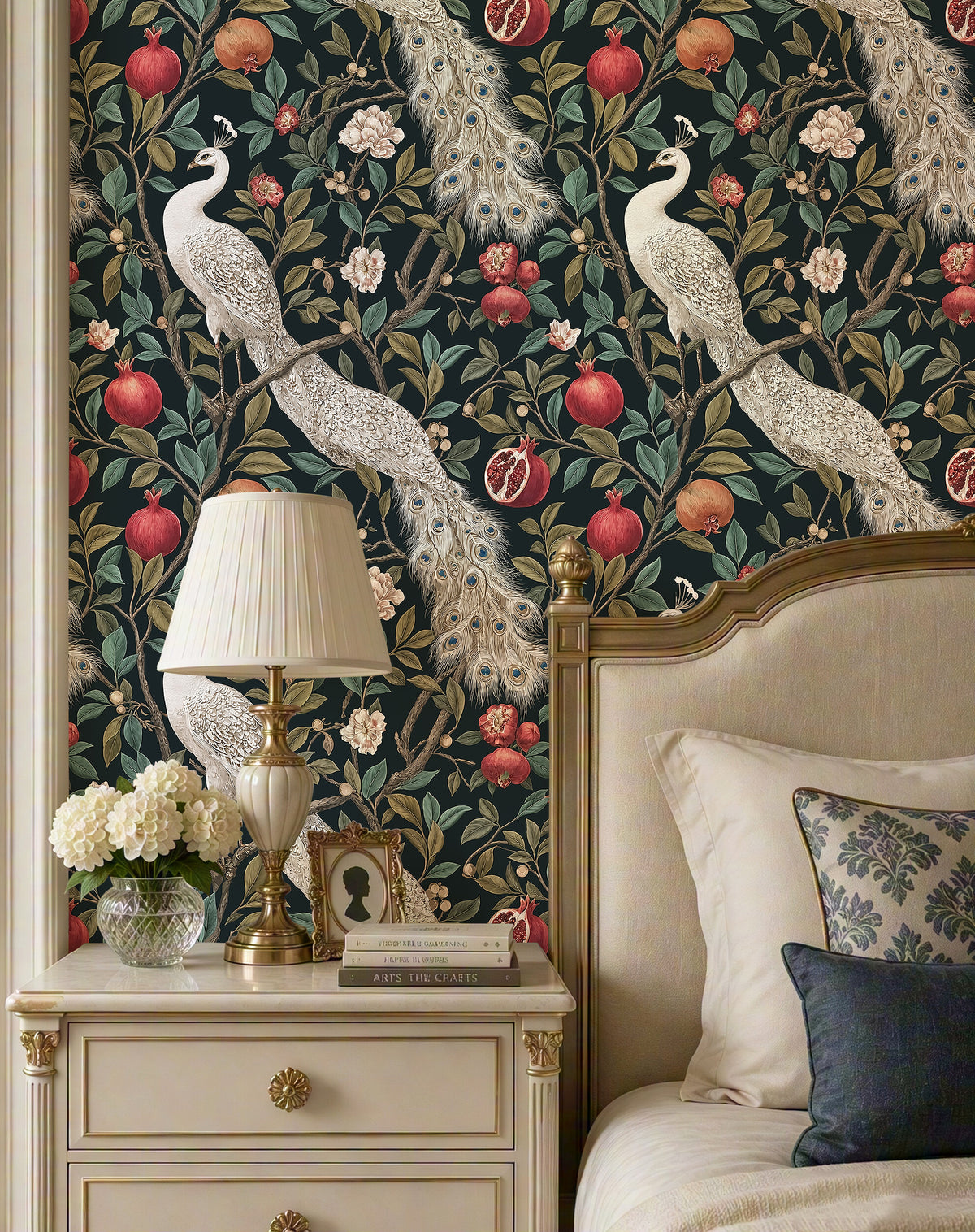 Haokhome vintage peacock pomegranate peel and stick wallpaper, bedroom accent wall dark botanical design