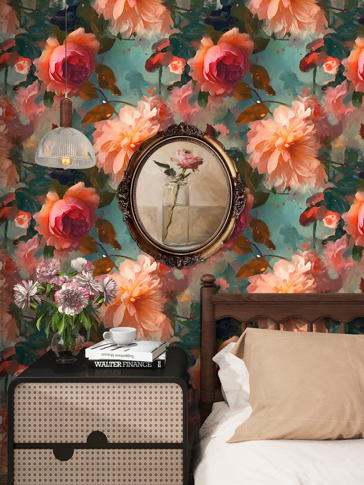 Haokhome vintage peony floral peel and stick wallpaper, dark green flower accent wall for bedroom nightstand