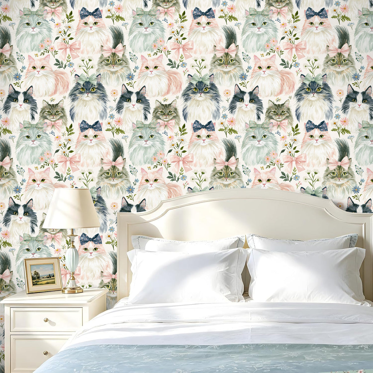 Haokhome watercolor cat removable wallpaper for soft vintage‑style master bedroom