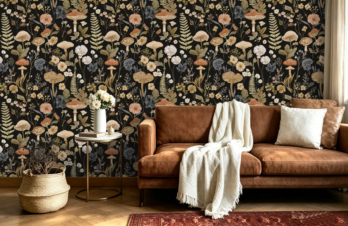 Haokhome woodland mushroom fern removable wallpaper, cozy living room full wall decor