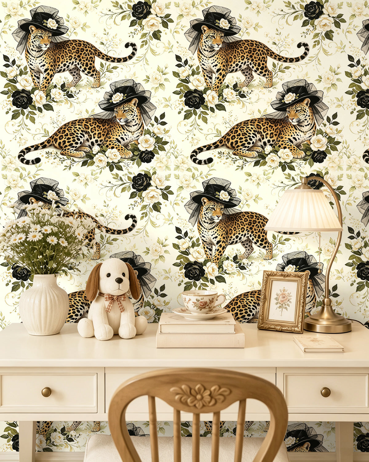 Home office desk space decorated with quirky leopard wearing hat floral wallpaper, cream botanical wall mural