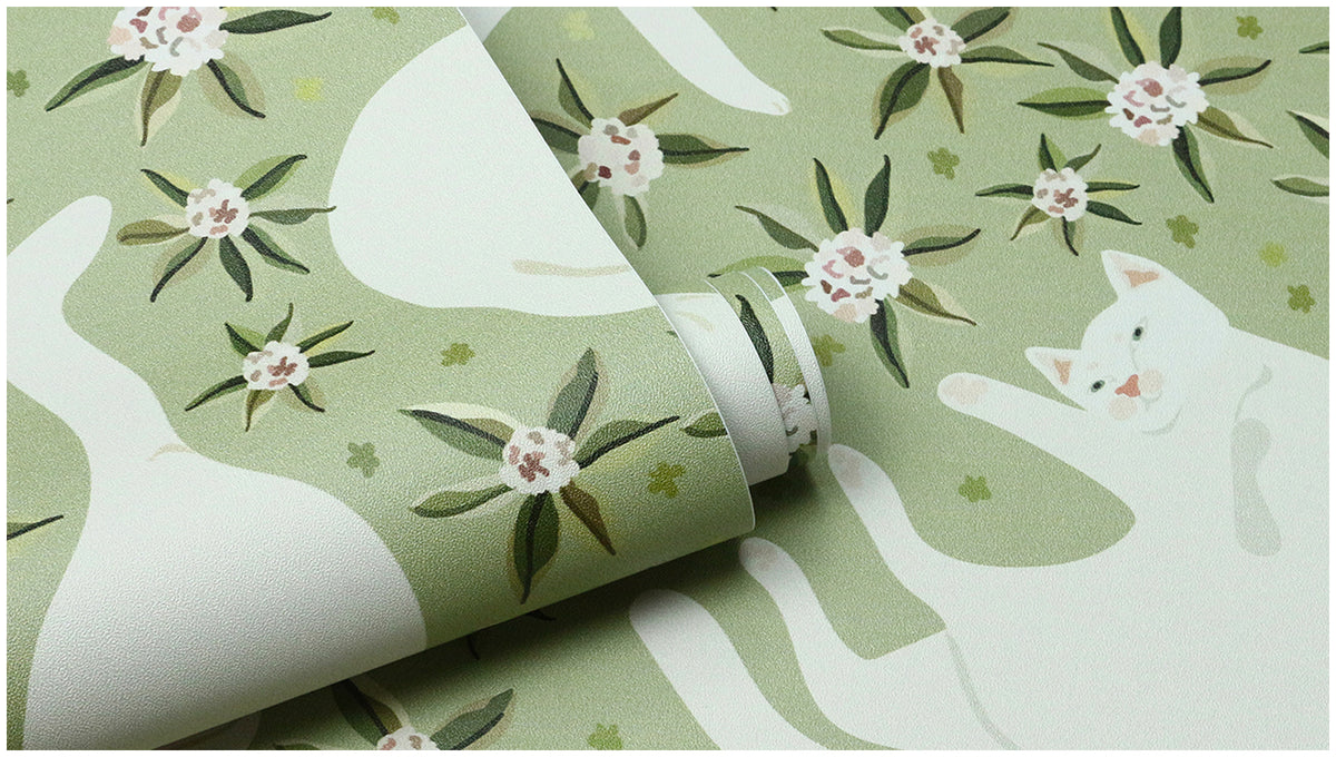HaokHome Gentle White Cat Floral Removable Self‑Adhesive Wall Covering, Soft Sage Green Botanical Peel and Stick Wallpaper