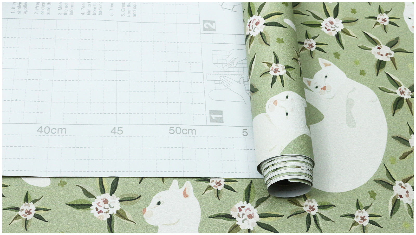 HaokHome Gentle White Cat Floral Removable Self‑Adhesive Wall Covering, Soft Sage Green Botanical Peel and Stick Wallpaper
