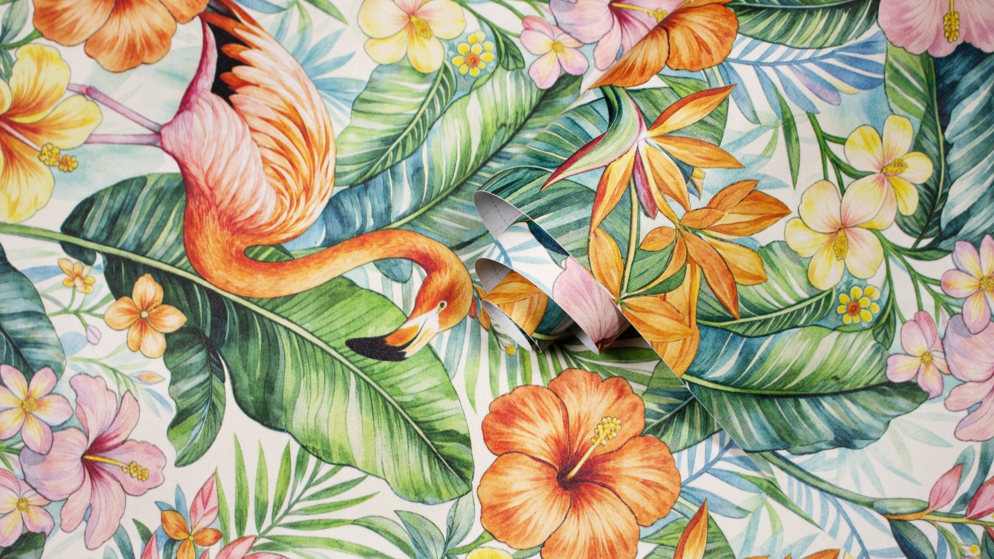 HaokHome Peel and Stick Wallpaper Tropical Flamingo Hibiscus Floral Removable Wall Paper Boho Watercolor Jungle Mural for Bedroom Living Room Bathroom Cabinets