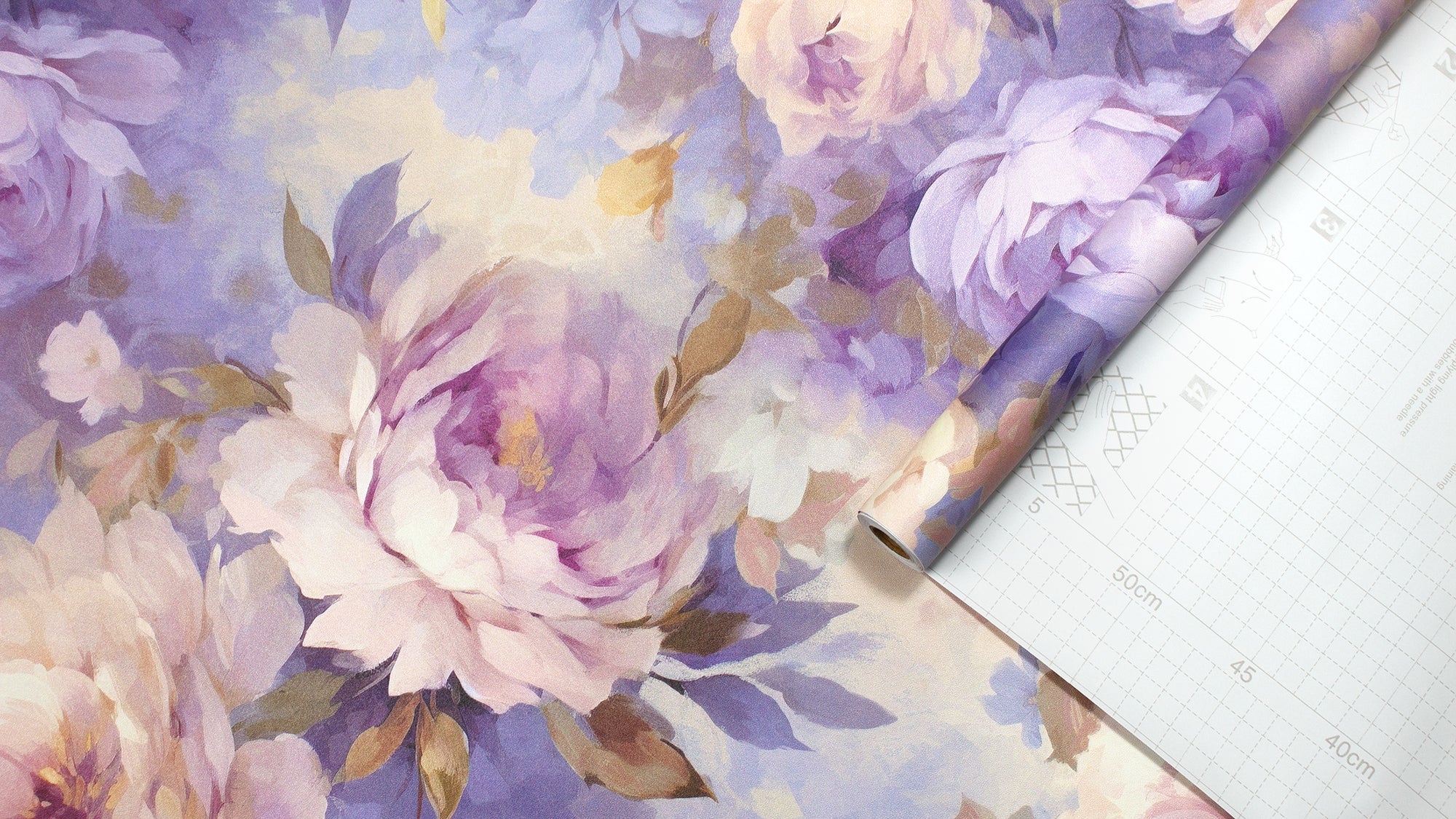 HaokHome Wallpaper Peel and Stick Peony Floral Watercolor Wall Decor in Soft Pink, Purple & Gold Removable Mural