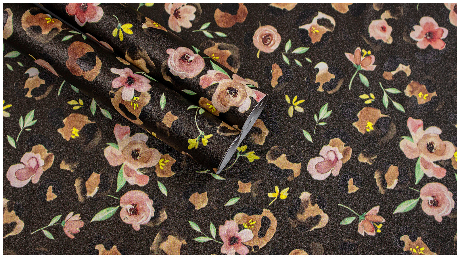 HaokHome Watercolor Leopard Floral Peel and Stick Wallpaper – Pink Flowers on Dark Brown Background