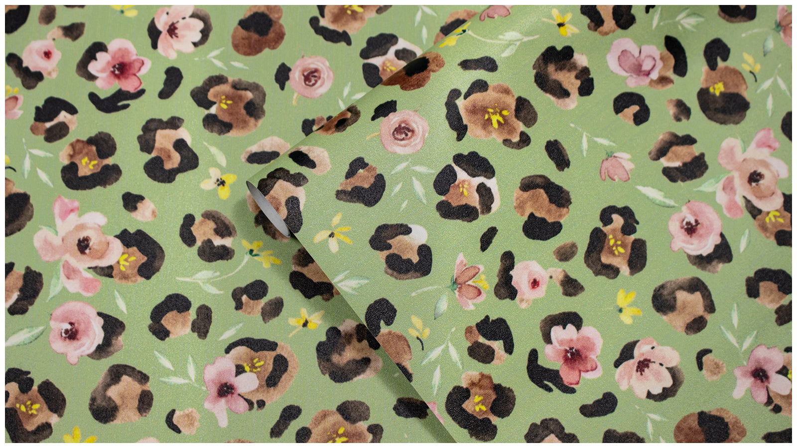 HaokHome Watercolor Leopard Floral Peel and Stick Wallpaper – Pink Flowers on Sage Green Background