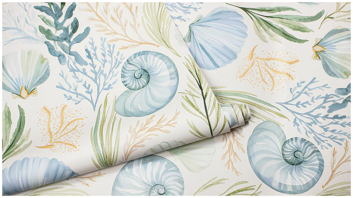 Haokhome Watercolor Seashell Coral Removable Self‑Adhesive Wall Covering, Coastal Beach Nautical Wallpaper
