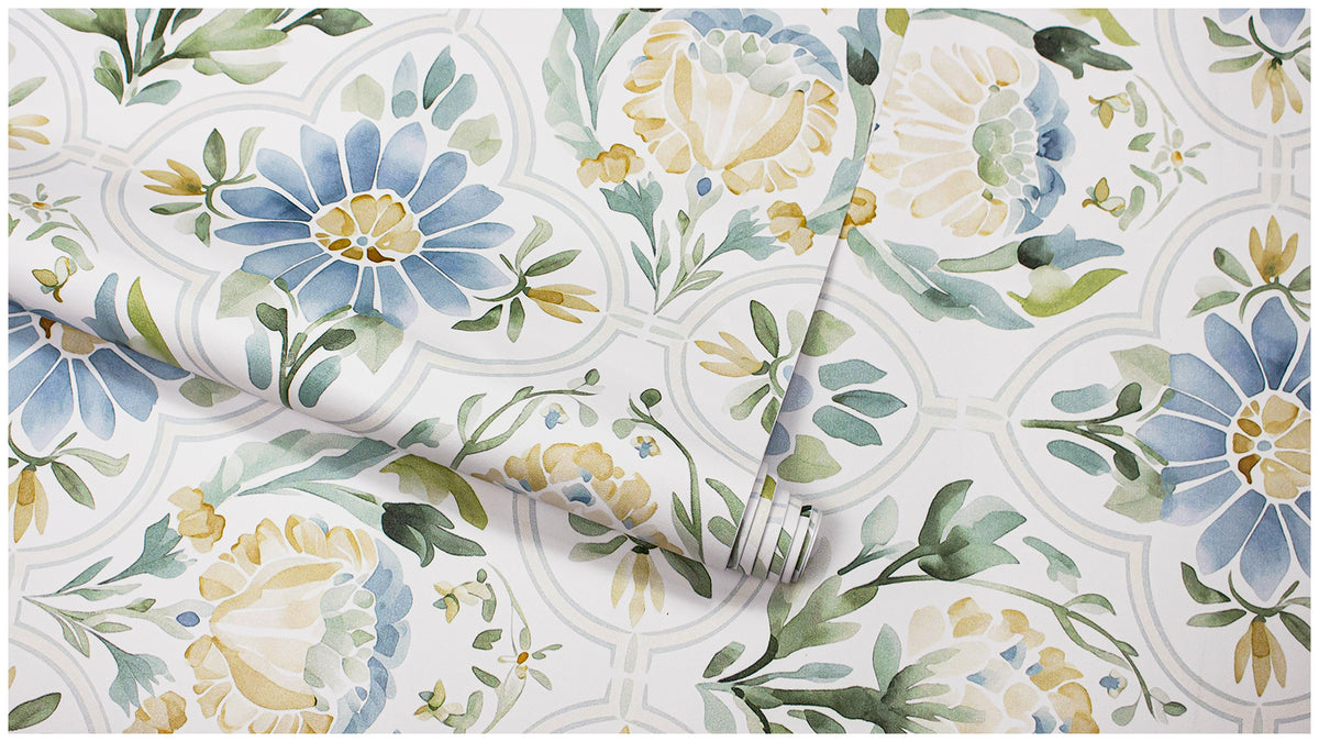 Haokhome Watercolor Floral Tile Removable Self‑Adhesive Wall Covering, Soft Blue Cream Vintage Flower Wallpaper