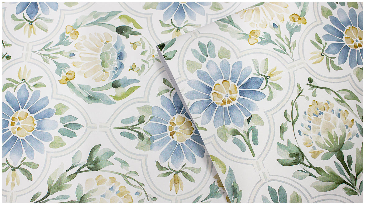 Haokhome Watercolor Floral Tile Removable Self‑Adhesive Wall Covering, Soft Blue Cream Vintage Flower Wallpaper