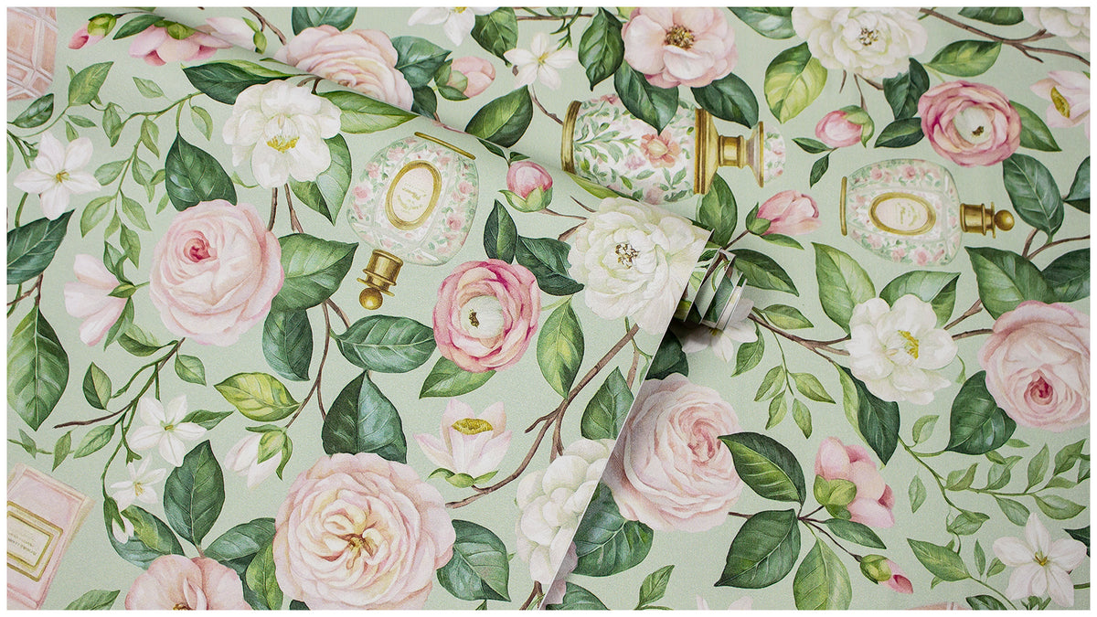 Haokhome Vintage Perfume Bottle Rose Camellia Peel and Stick Wallpaper, Soft French Floral Wall Decor